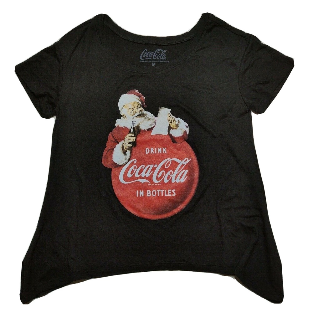 Coca-Cola SANTA CLAUSE Women Medium Drink Coke In Bottles Black Retro Tee NEW